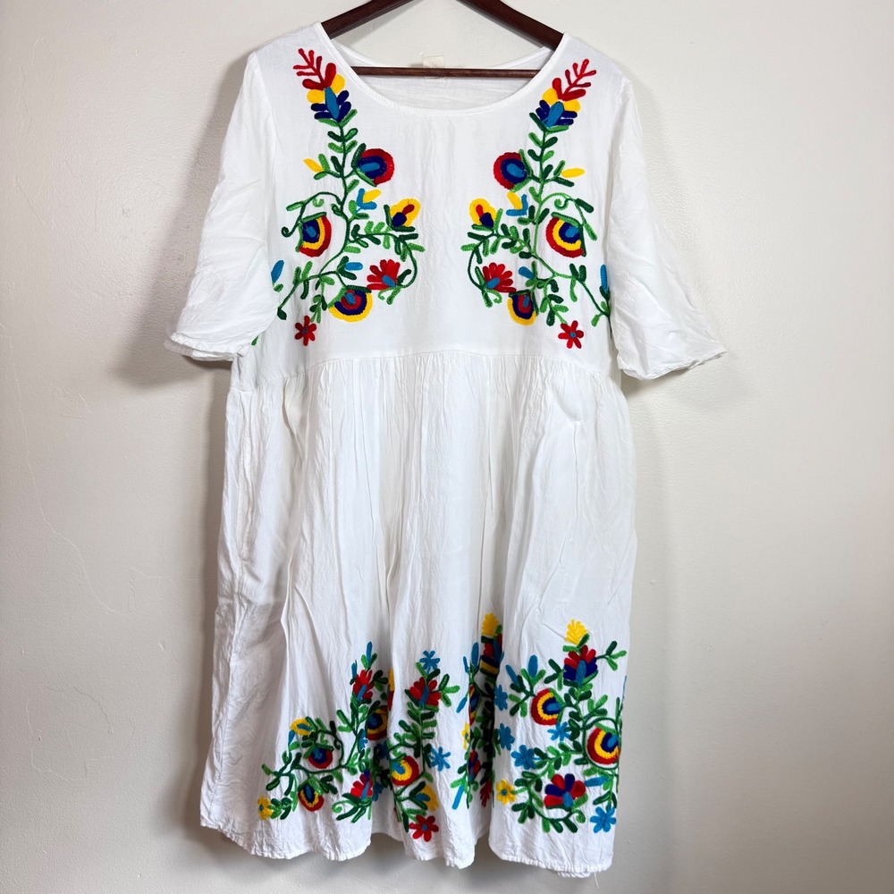 Riviera Sun Embroidered Floral Babydoll Peasant Dress Size 2X White Multi